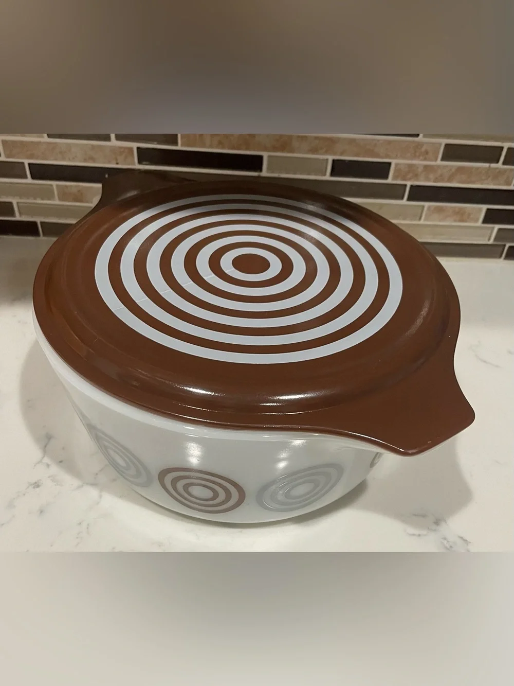 Vintage Salton Cosmopo Pyrex Casserole Dish with Lid Brown Swirl Pattern